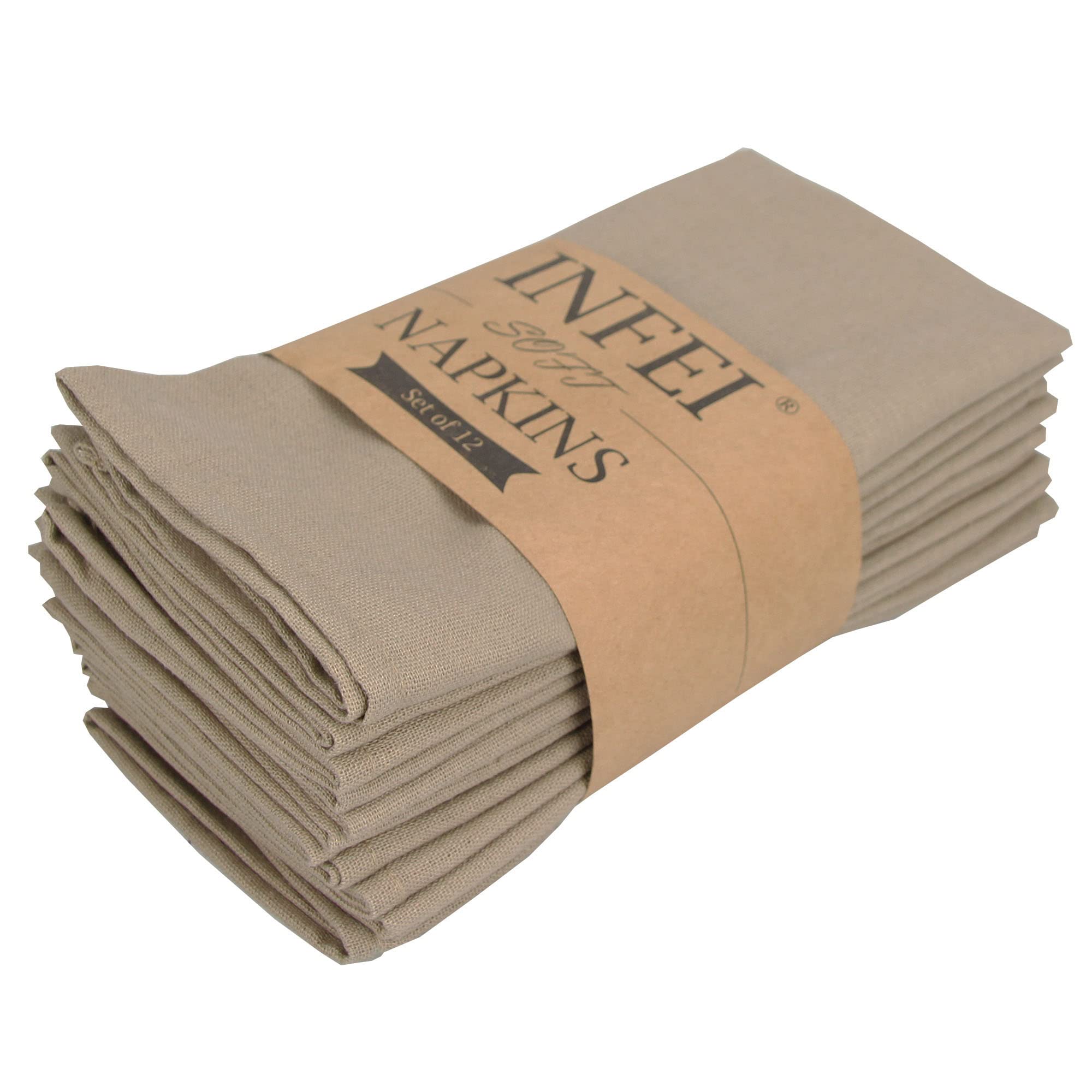 Solid Color Polyester Linen Blended Dinner Cloth Napkins - Set of 12 (40 x 40 cm) - For Events & Home Use (Khaki)