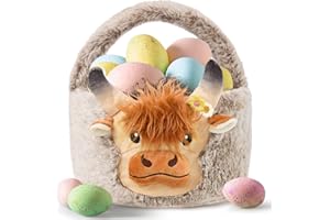 ZRPSIZP Easter Basket, Soft Highland Cow Plush Baskets, Easter Egg Hunt Buckets, Easter Decorations Indoor Outdoor, Cute Easter Gifts for Kids, Adults, Teens, Toddlers, Girls