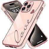 LCHULLE Compatible with iPhone 15 Pro Max Case for Women Girls, Cute Luxury Plating Love Heart Design Soft TPU Cover Shockproof Full Camera Lens Protection Phone Case for iPhone 15 Pro Max, Pink
