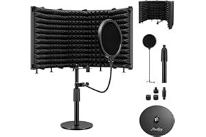 Moukey Microphone Isolation Shield, with Pop Filter& Table Stand, Foldable Mic Shield with Triple Sound Insulation, High Density Mic Sound Shield for Recording Studio, Podcasts, Singing, Broadcasting