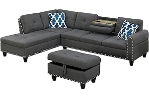 UBGO Sectional Couches for Living Room Furniture Sets,L-Shaped Couch w/Cup Holders,Line Nailhead Trim Sofas with Storage Ottoman and Chaise Lounge for Small Space Apartment-Gray