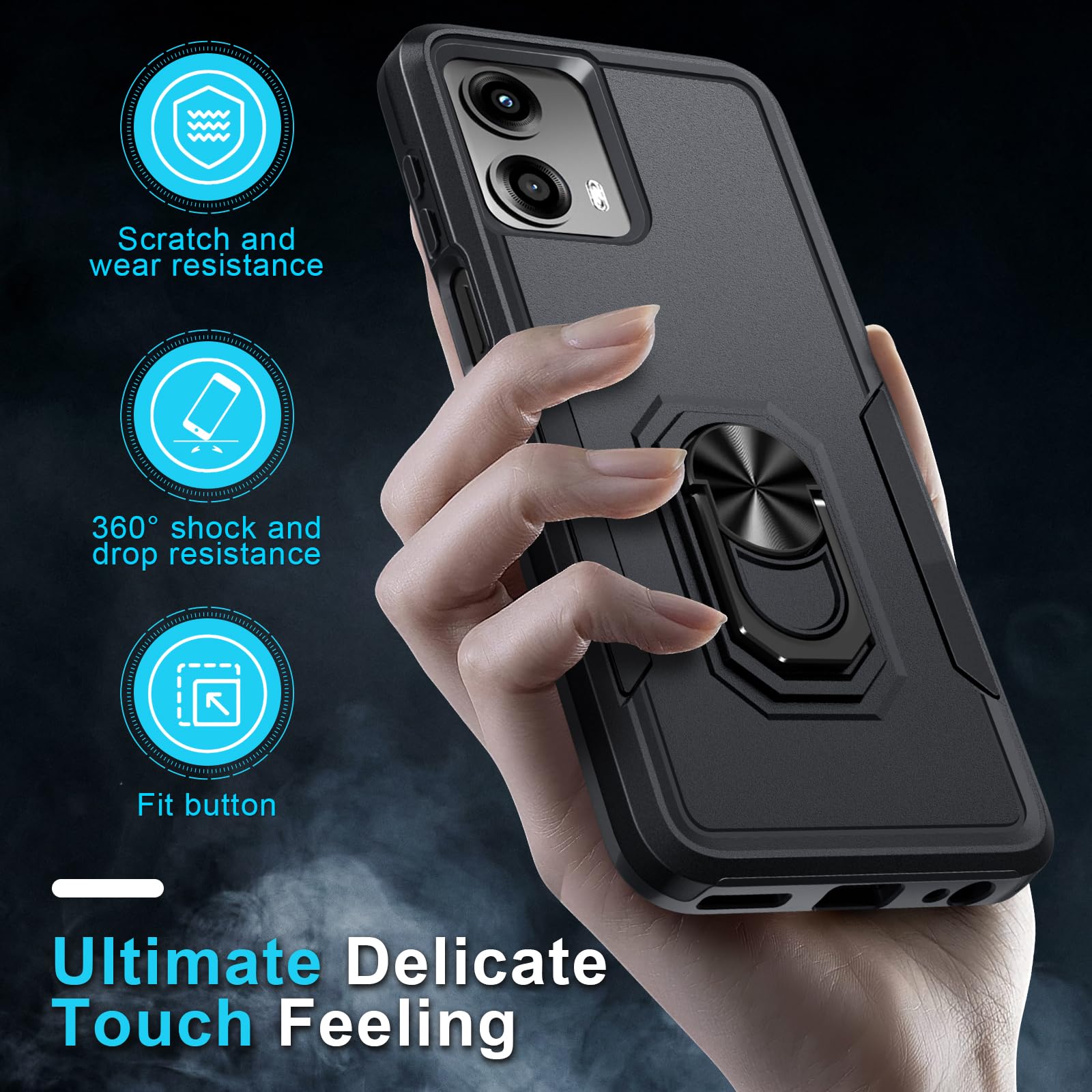Janmitta Compatible with Moto G 5G 2024 Case with Screen Protector,Heavy Duty Shockproof Full Body Protective Cover Built in Rotatable Metal Ring Holder Kickstand,Black Matte