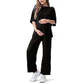 QUNISY Maternity Lounge Set 2 Piece Outfits Matching Short Sleeve Top Adjustable Long Pants Pregnancy Summer Loungwear, Black Petite L