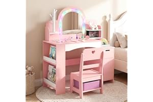 INFANS Kids Vanity with Lights, Princess Makeup Desk with Mirror, Jewelry Hanger, Fabric Drawers, Toddler Table and Chair Set