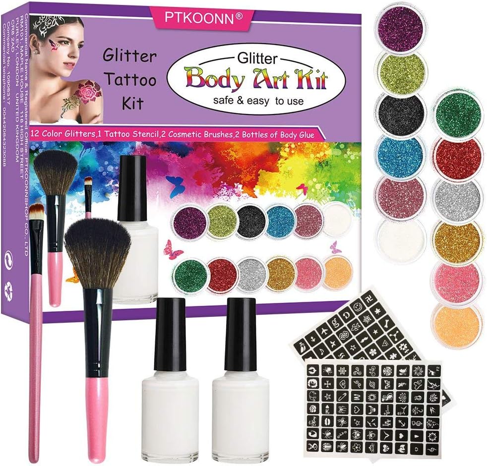 Glitter Tattoos Kit,Temporary Glitter Tattoo Kit,temporary tattoos glitter,Temporary Tattoos Make Up Body&Face&Nail Glitter Art Design for Girls Kids Teenager Adult
