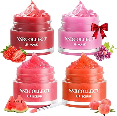 Lip Balm & Scrub Labbra, 4P Maschera Labbra Kit per idratazione intensa, la cura delle labbra ad 2 maschera per labbra e 2 esfoliante per labbra addormentate