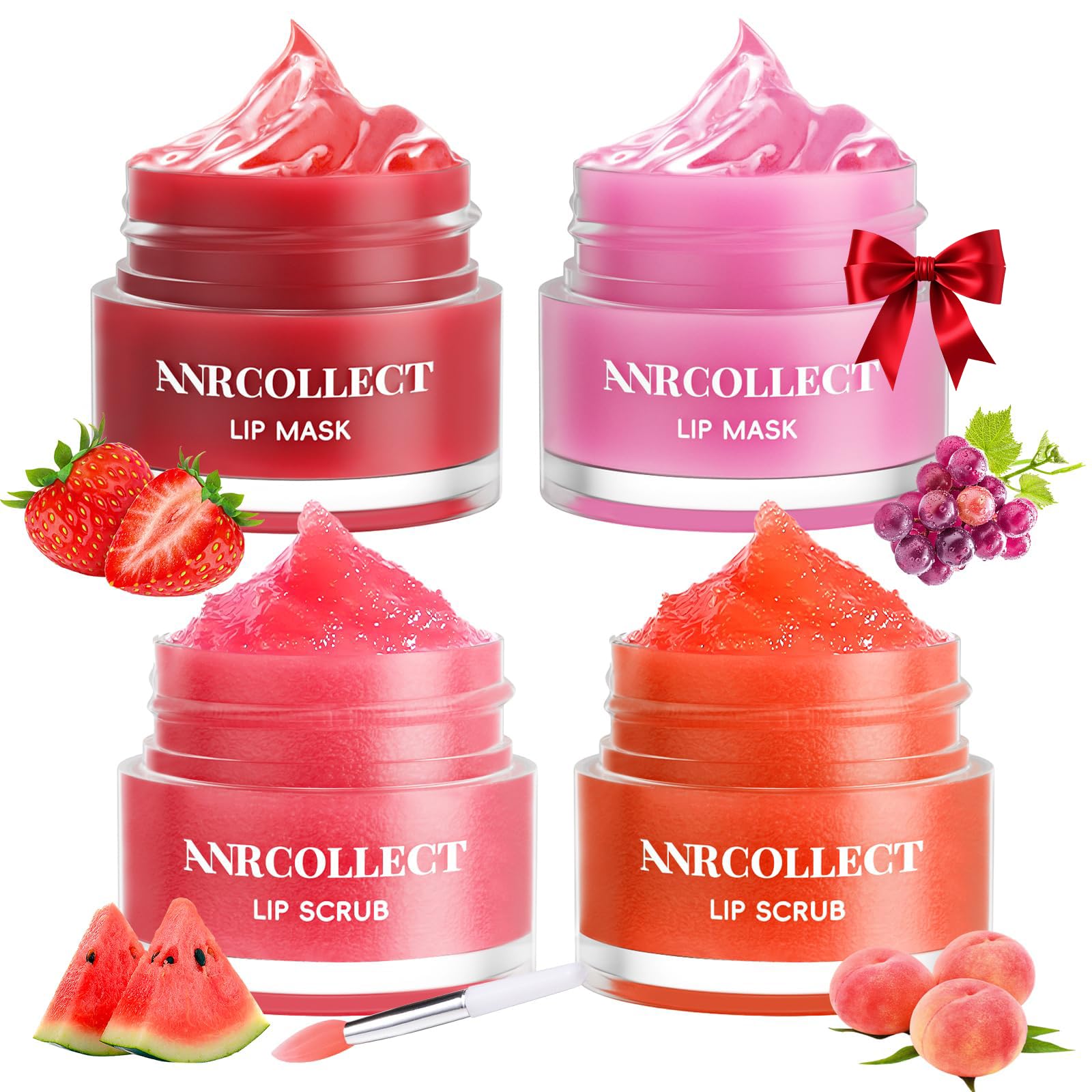 ANRCOLLECT Lip Sleeping Mask Set - Overnight Treatment Lip Care Kits with Lip Scrub & Sleeping Lip Balm, Exfoliate & Moisturize, For Dry Chapped Cracked Lips, Intense Hydration Lip Kits, 4 Pack