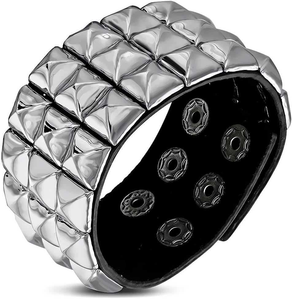 Genuine Black Leather Grid/Checker Row of Pyramid Stud Snap Wristband Bracelet