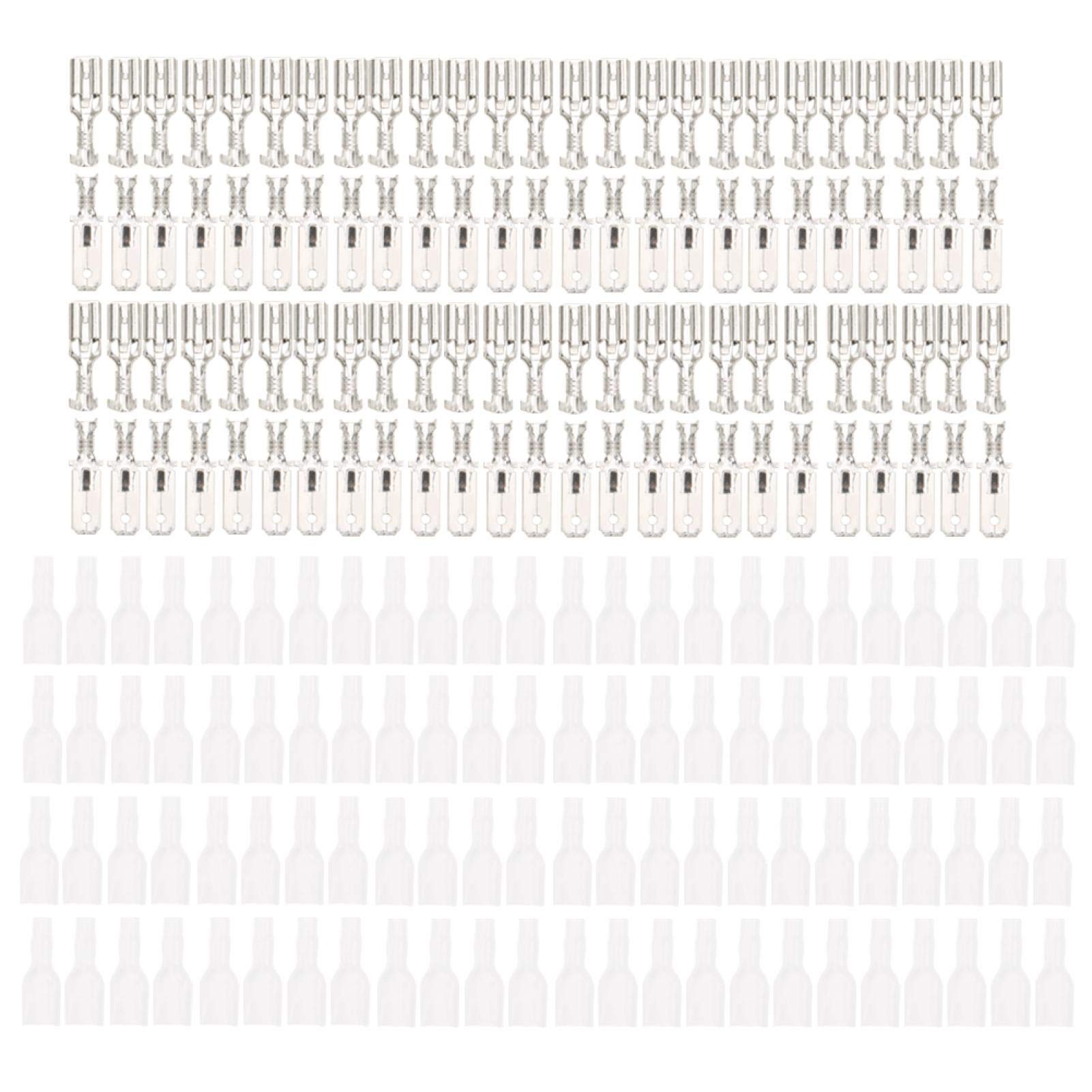 Crimp Connector, Spring Self-Locking, 200pcs Tin Plated Brass 6.3mm Spade Wire Terminals Crimp Connectors Insulating Sleeve Kit