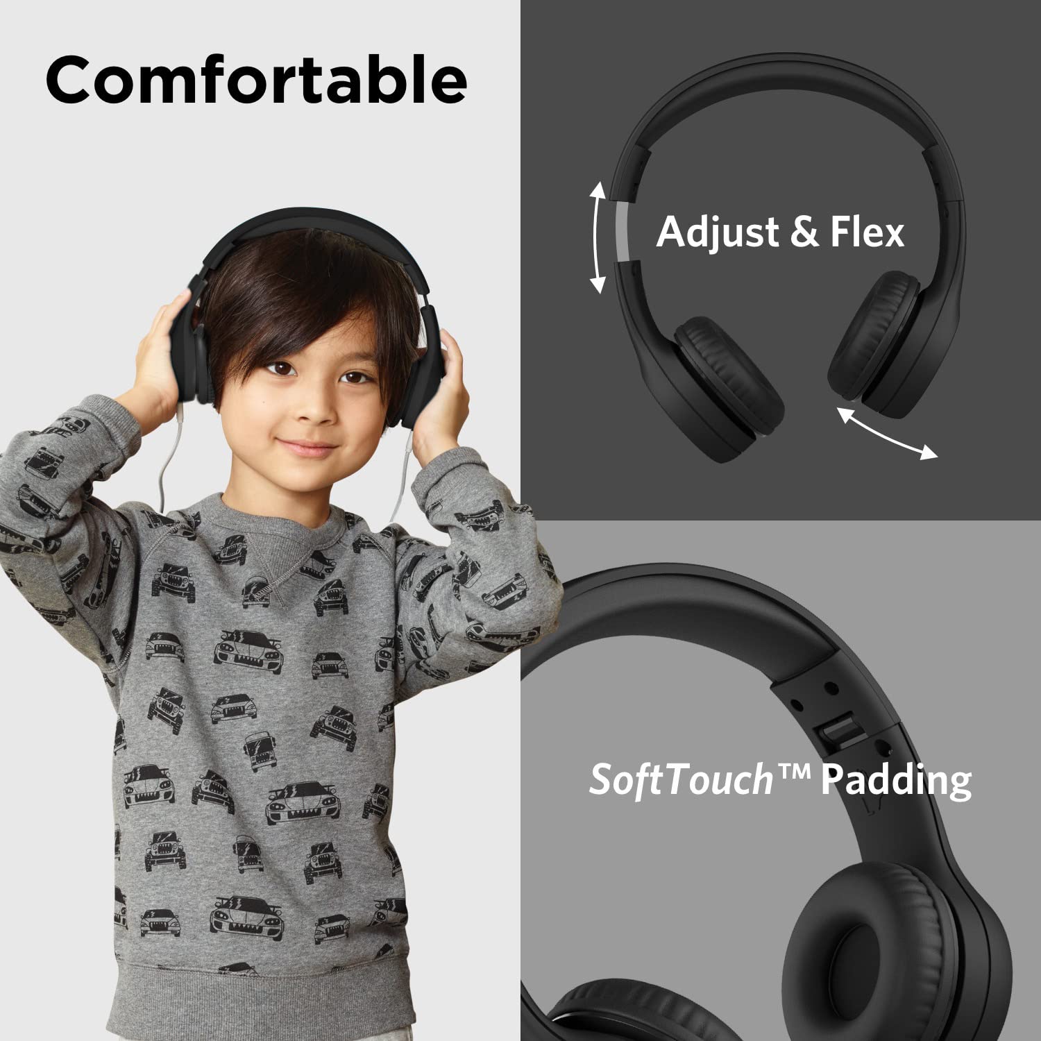 LilGadgets Connect+ Style Wired Black Headphones for Kids with SharePort® Technology, Child-Friendly Foldable On-Ear Headset with Built-in Microphone, Designed to be Comfy Black Car Headphones, Black