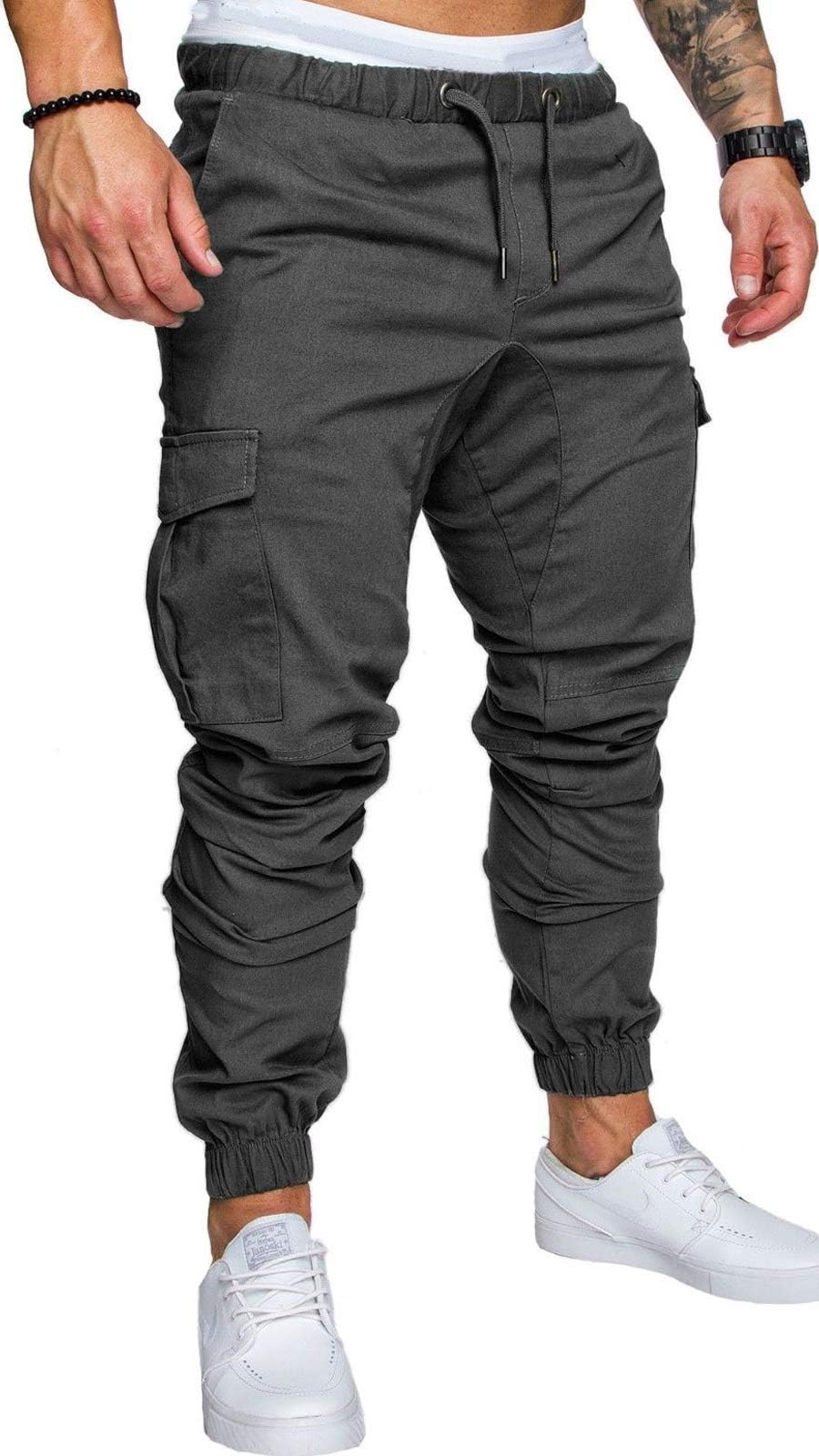 WIEAYUMEI Mens Cargo Jogger Pants Elasticated Waist Drawstring Combat Trouser Lightweight Cuffed Cargo Pockets Pants