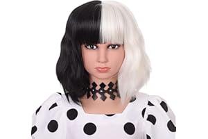 AMZCOS 3+ Years Kids Black and White Wig with Necklace for Cosplay Costume Short Wavy Bob Synthetic Wigs with Bangs for Girls Children Halloween Party