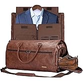 STOVER Garment Travel Duffle Bag, Large 2-in-1 Convertible Carry-on Luggage for Men & Women- Hanging Suits, Dresses & Clothes + Shoe Compartment- Weekender Tote Combo Duffel (Brown Leatherette)