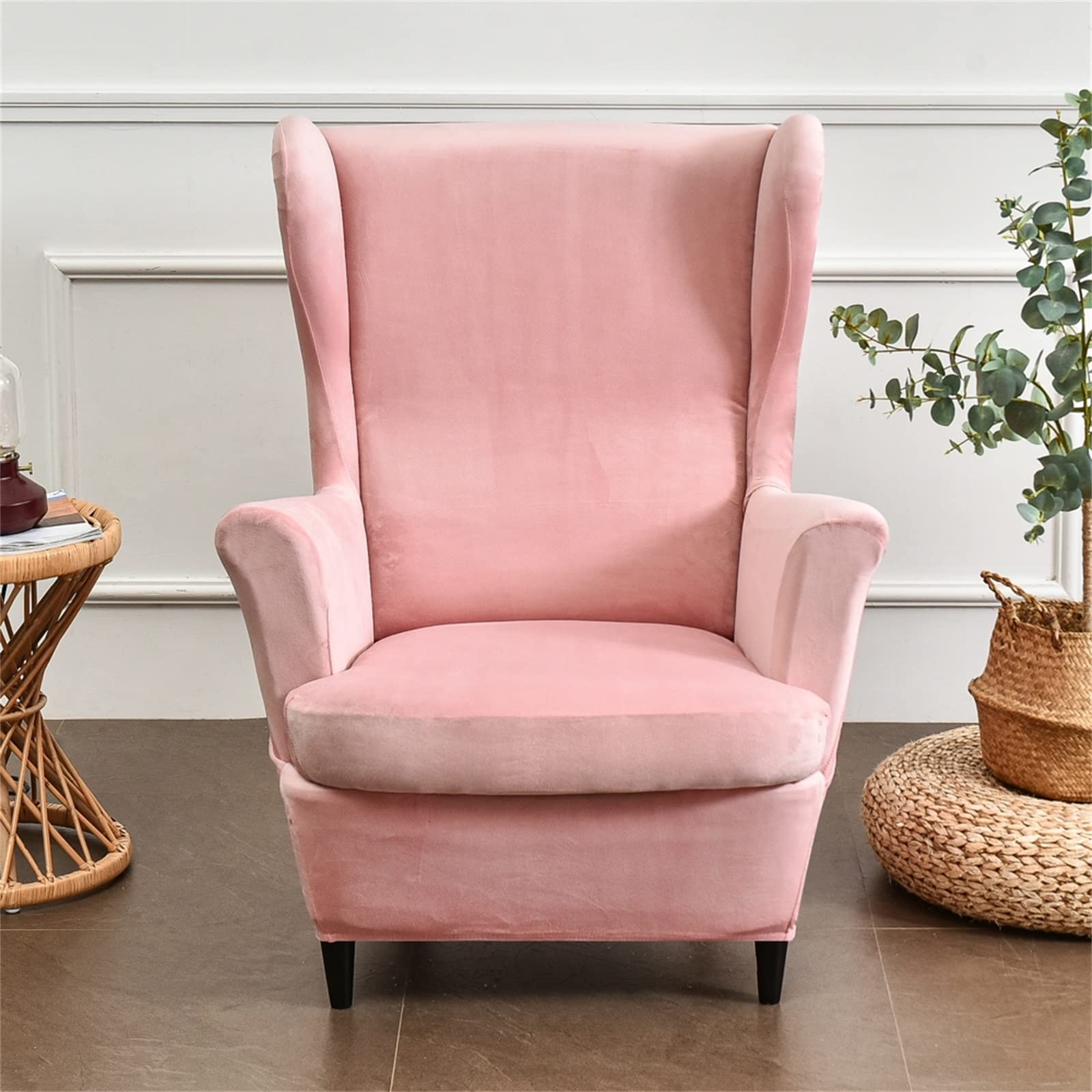 Wing Chair Slipcover 2 Piece Set - 2 IN 1 Design Removable Soft Velvet Wingback Chair Covers Armchair Stretch Covers Furniture Protector for Wingback Chairs Living Room Bedroom Hotel (Pink)