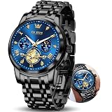 OLEVS Watch Mens Watch Black and Blue,Blue Face for Men,Black Luxury Analog Watches Chronograph Stainless Steel Classic Waterproof Man Watches for Men Big Face Relojes para Hombre