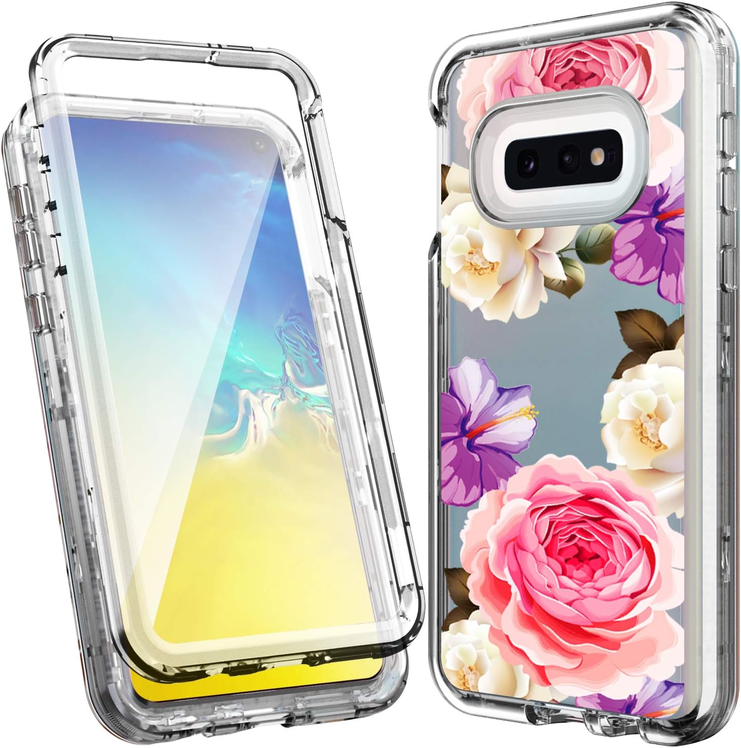 ACKETBOX Galaxy S10e Case,Heavy Duty Hybrid Impact Defender Clear Floral Design for Girls and Women Built-in Protective Film Shockproof Full Body Protective Cover Case for Galaxy S10e(Flowers-02)