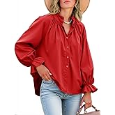 Tankaneo Womens Puff Long Sleeve Button Down Shirts Pleated V Neck Cotton Blouses Loose Fit Casual Ruffle Tops