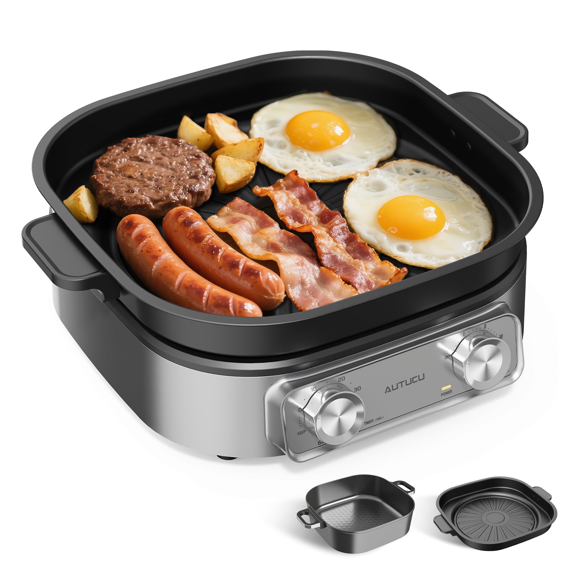 Photo 1 of 6-Quart Electric Skillet with Grill | Non-Stick PFOA-Free Ceramic-Coated Pot, 1600W, Timer & 3 Power Settings for Steak, Egg, Ramen (Includes Tongs) Pot & Grill