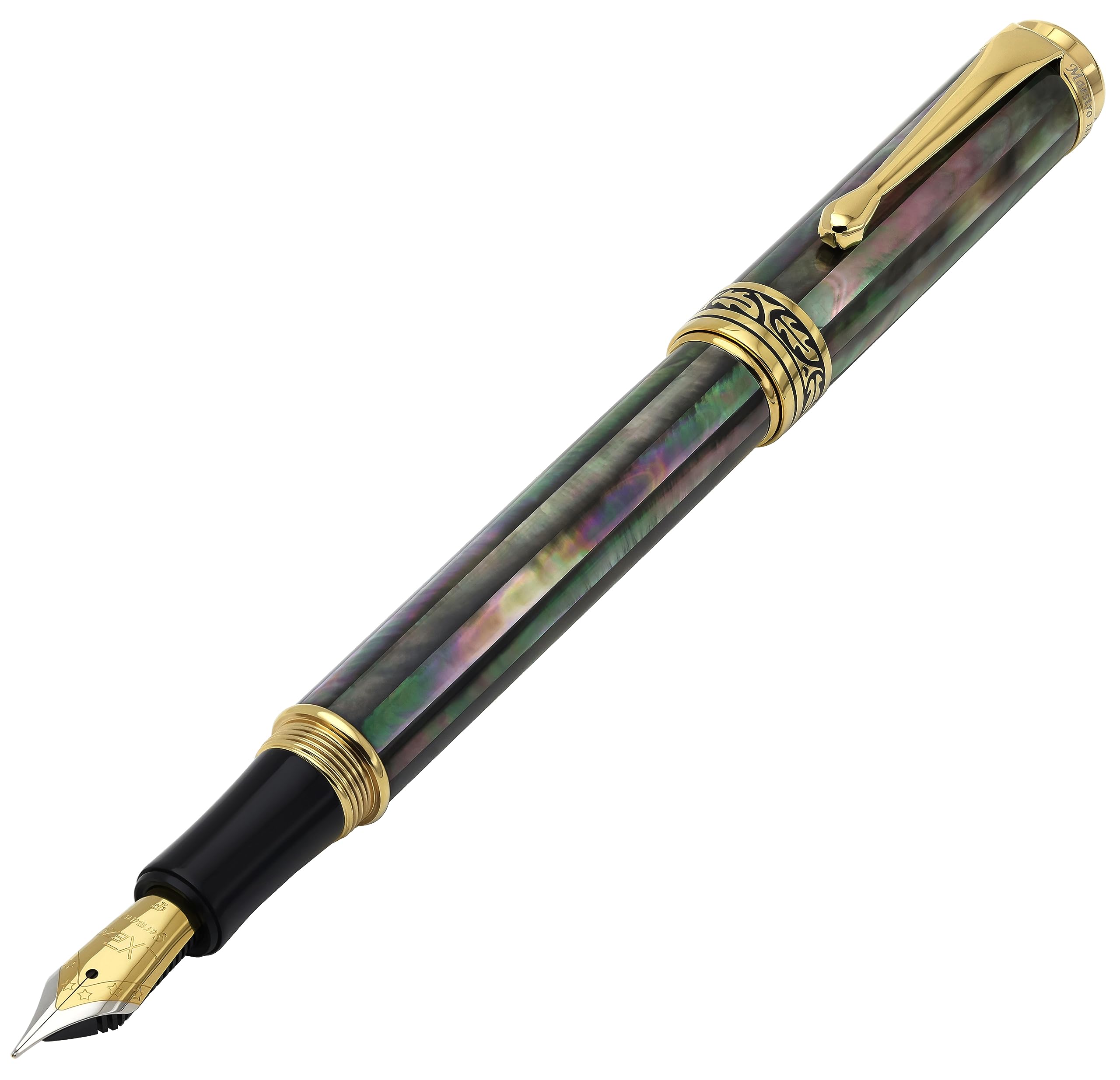 Xezo Maestro Fountain Pen, Fine Nib. Handcrafted from Oceanic Tahitian Black Mother of Pearl. 18-Karat Gold Plated. Serialized, Iridescent, No Two Alike — image 1