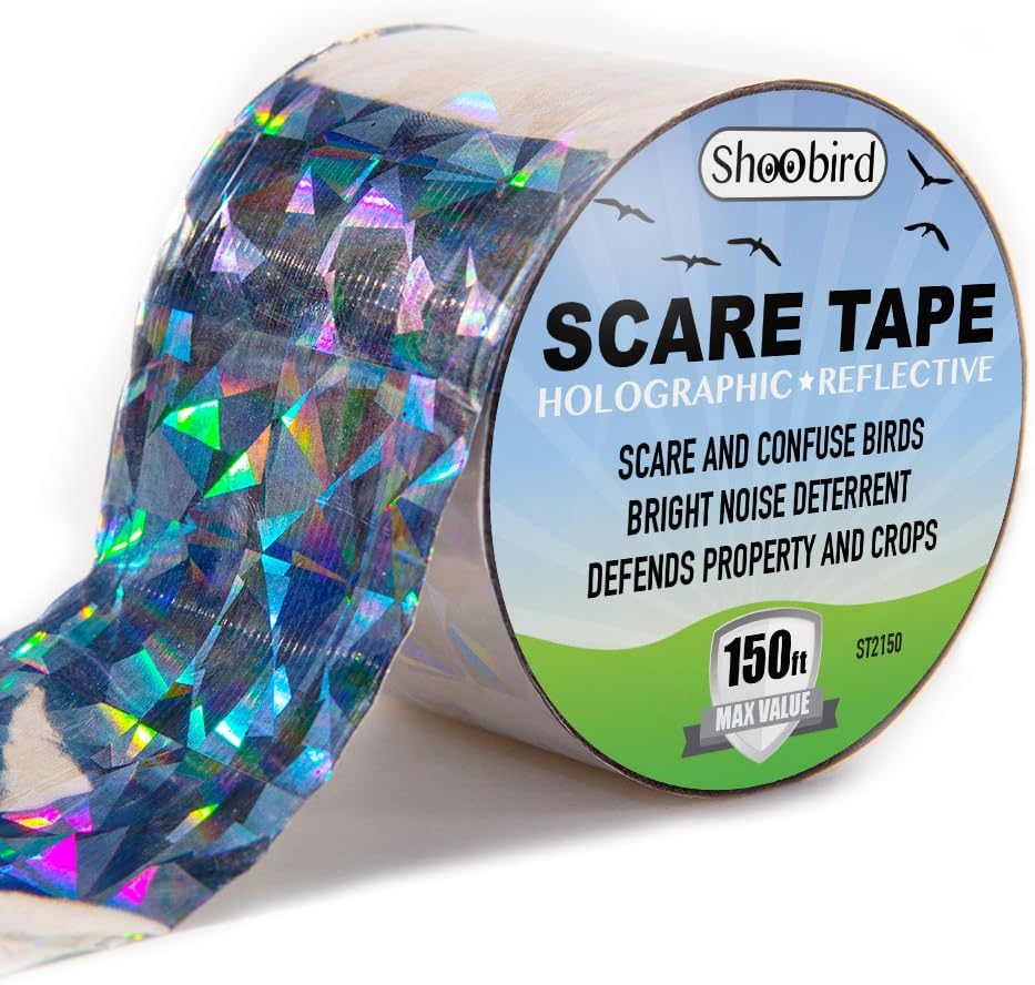 Bird Repellent Scare Tape, Reflective Bird Deterrent and Bird Control Device, Holographic Reflector Ribbon, Scare Birds, Woodpeckers, Pigeons and More. Prevent Damage.
