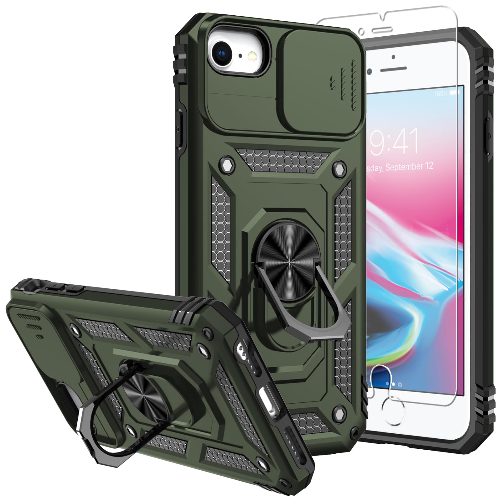 SKMY for iPhone SE 2022/3rd/2020/8/7 Case,with Screen Protectors and Camera Cover,[Military Grade] 16ft.Drop Tested Cover with Magnetic Kickstand Protective Case for iPhone 8, Olive Green