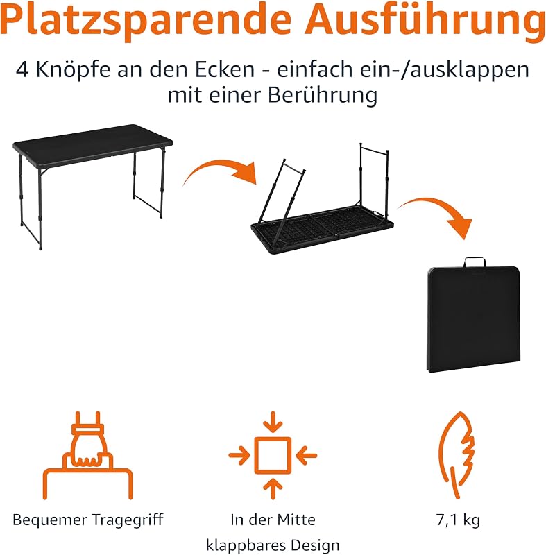 Klapptisch, Höhenverstellbar, 4 Höhen, Tragegriff, Rechteckig, für Camping, Picknick, Drinnen und Draußen, Schwarz, 121,4cm x 60,7cm x 86,1cm — Foto 4 von 6