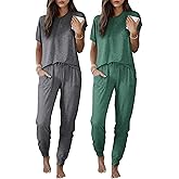 Ekouaer 2 pack Pajama Sets for Womens Jogger Pants Pjs Short Sleeves Lounge Set Soft Sleepwear with Pockets