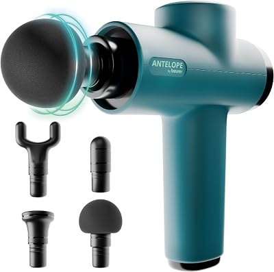 Antelope BOOM Pistola de masaje muscular, Massage Gun compacta con 4 accesorios, para relajación y regeneración, potente masaje de puntos gatillo, 5 niveles de intensidad y batería