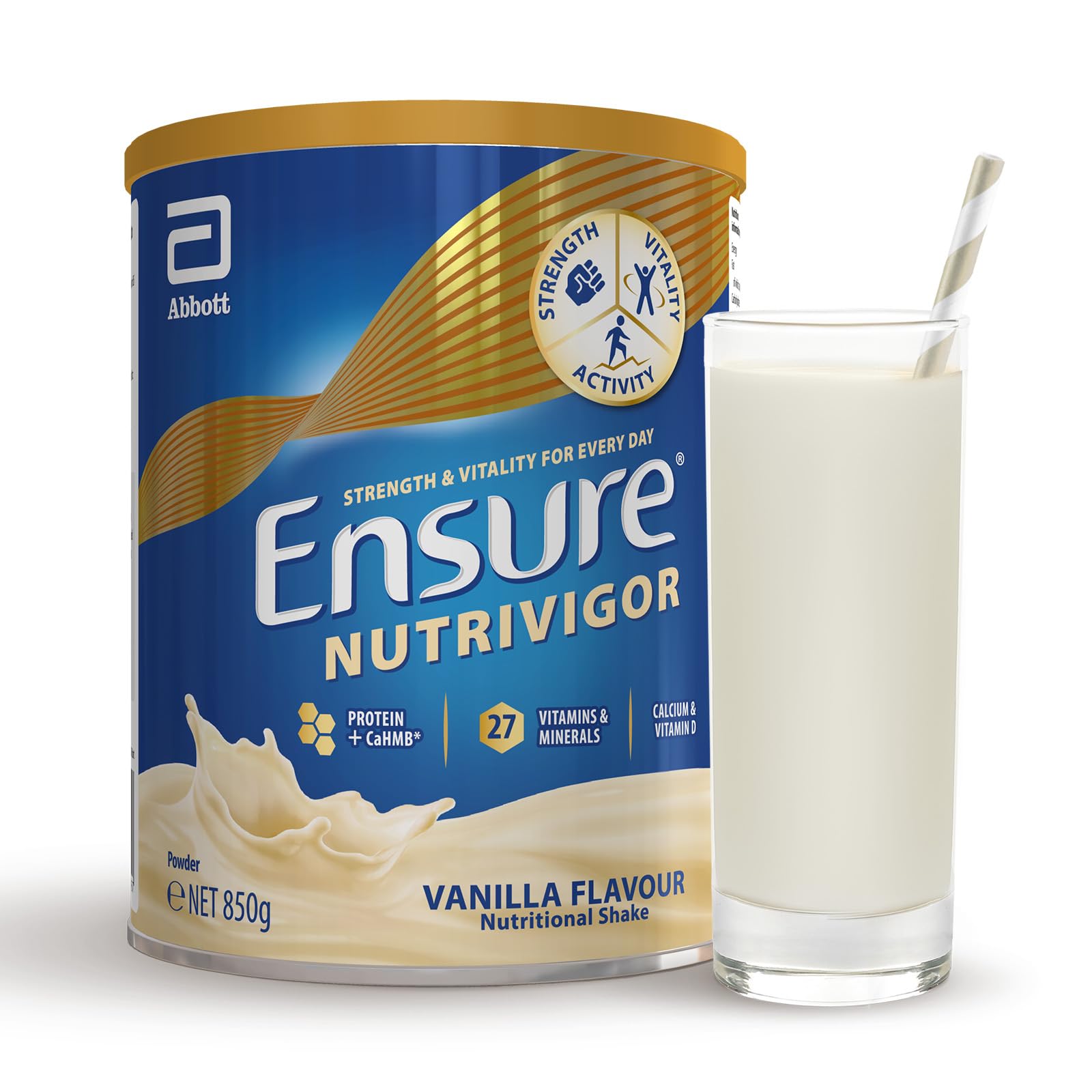 Ensure NutriVigor Nutritional Shake – Vanilla Flavour – 850g – Food Supplement with Protein, HMB & 27 Vitamins & Minerals – Supports Strength, Energy & Immunity – With Vitamin D, C & B