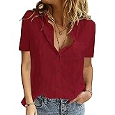 Jyanl Womens Button Down Shirts Cotton Summer Tops V Neck Short Sleeve Shirt Collar Blouse Casual Plain Tshirt Work Tops
