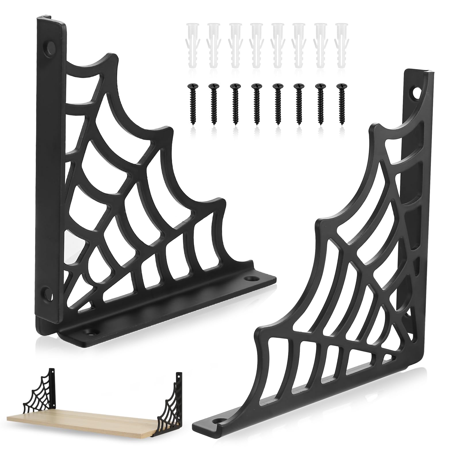 2 Pcs Black Shelf Brackets, 150mm Metal Wall Brackets for Shelves, Heavy Duty Gothic Spider Web Shelf Support Bracketsfor Home Office Radiator Greenhouse Wood Boards
