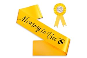 V TOWER Mommy to Bee Sash for Baby Shower - Beautiful Gold Satin Mom to Be Sash Baby Shower Decorations, Daddy to Be Pin, Elegant Design, Easy to Wear- Cute Yellow Bee Gender Reveal Decorations for Boys,Girls