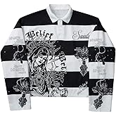 GORGLITTER Men's Graphic Sweatshirt Cropped Y2K Color Block Striped Sequin Long Sleeve Collared Streetwear Top