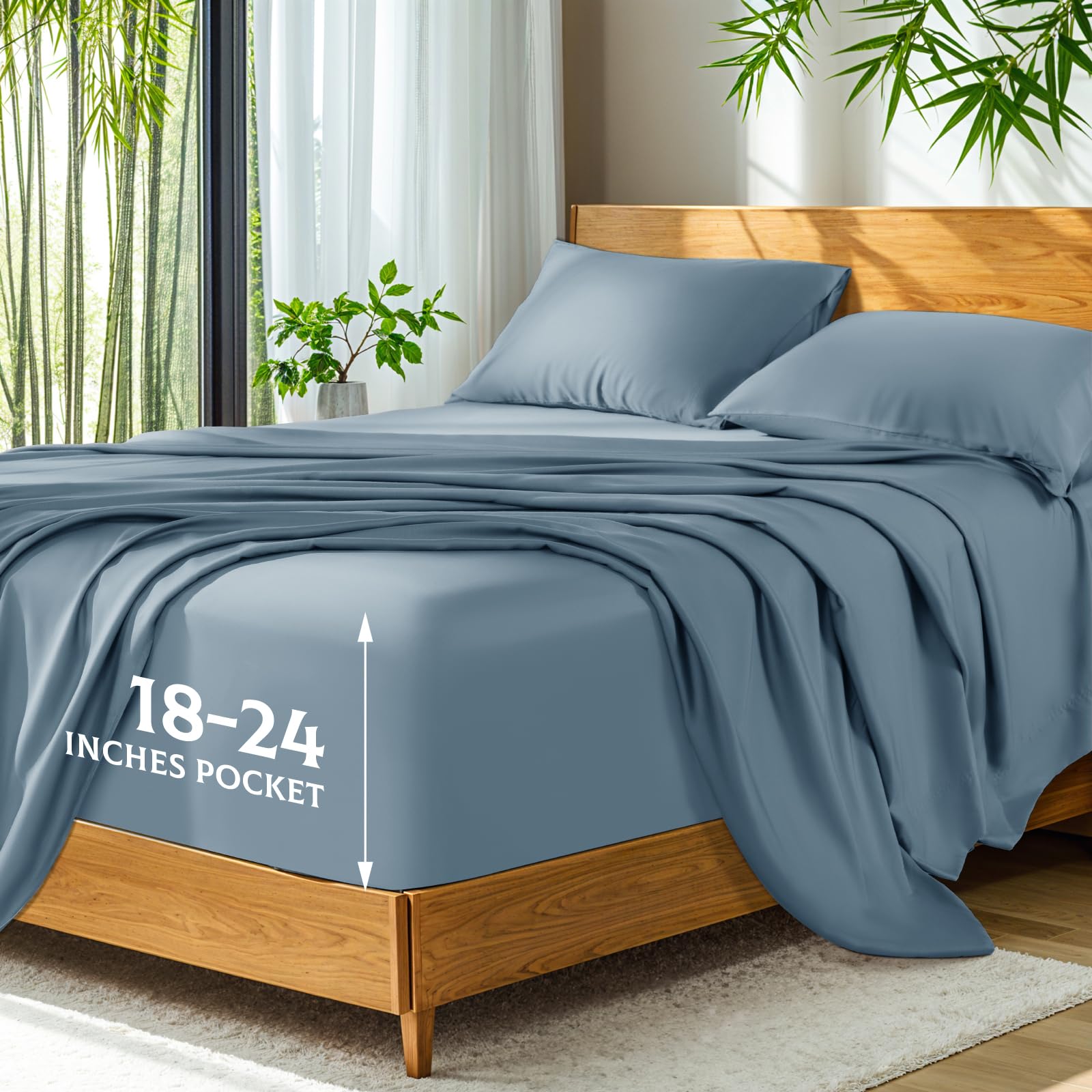 Photo 1 of SONORO KATE 100% Viscose Derived from Bamboo_, Extra Deep Pocket up to 18"-24",Ultra Soft & Cooling Sheets for Hot Sleepers, Hotel Luxury Silky Bed Sheets (French Blue,Queen)
