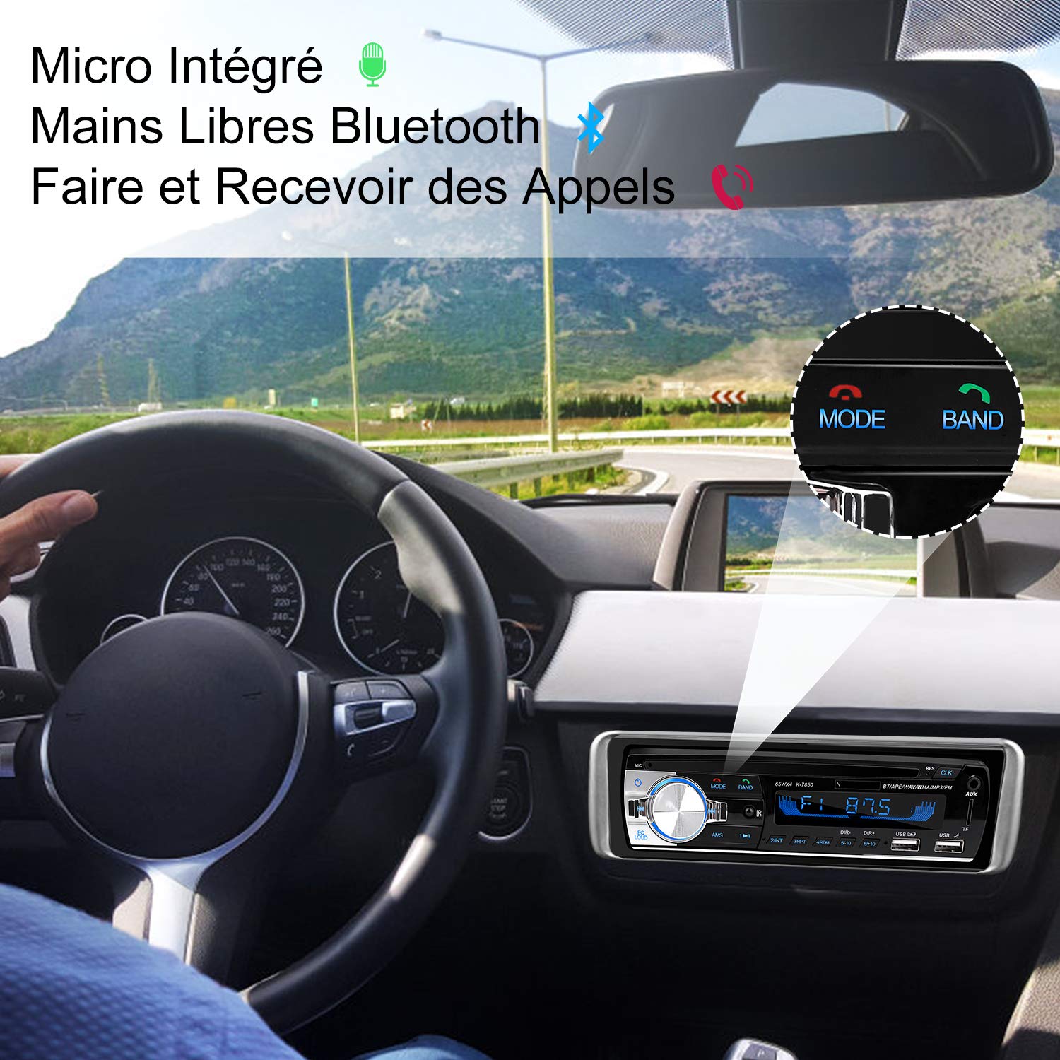 Autoradio Bluetooth, CENXINY 1 DIN Radio Voiture Récepteur avec Lecteur MP3 WMA FM Télécommande, Deux USB Port,Main Libre Stéréo 4 x 65W Soutien iOS, Android