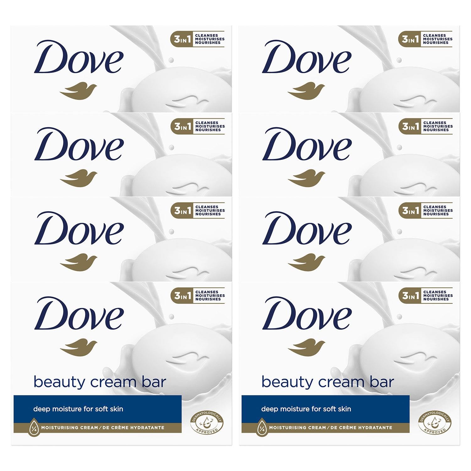 Dove Orginal Beauty Cream Bar 3 in 1 Cleanses, Moisturises and Nourishes Sulphate-Free Bath Soap for Soft and Smooth Skin, Suitable for Daily Use, 8x90g