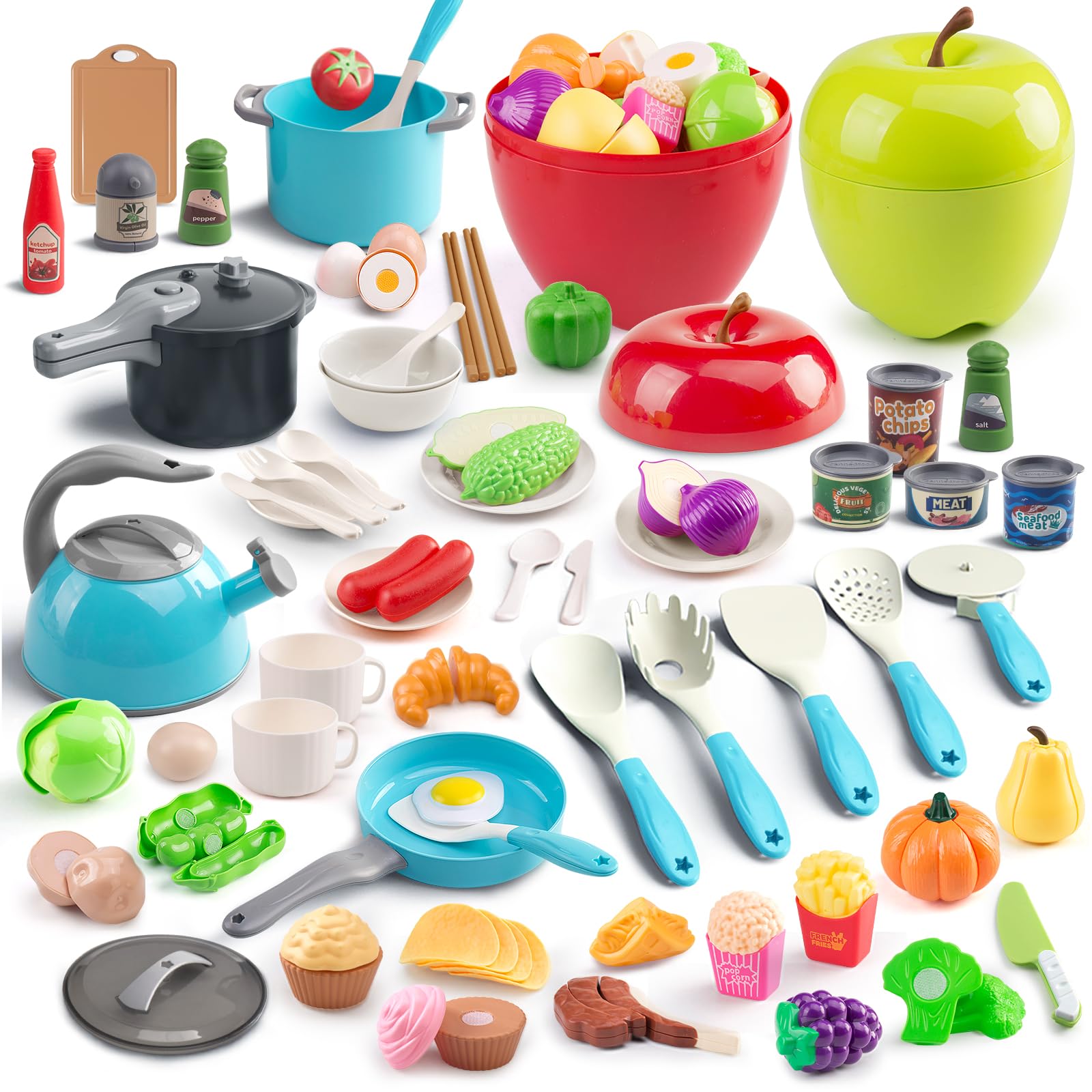 100Pcs Kitchen Playset, Kids Pretend Cooking Play Pots, Pans, Utensils, Cookware, Toy Food Fruits Veggies, with 2 Large Apple - Shaped Storage, Toddler Cooking Learning Gift (Turquoise) Image