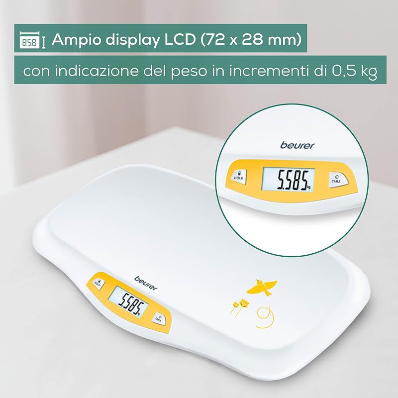 BY 80 Bilancia Pesaneonati, Funzione Fermo-Pesata Automatica o Manuale per Maggiore Precisione, Display grande, Superficie di Appoggio Curva, Piedini antiscivolo, colore Bianco