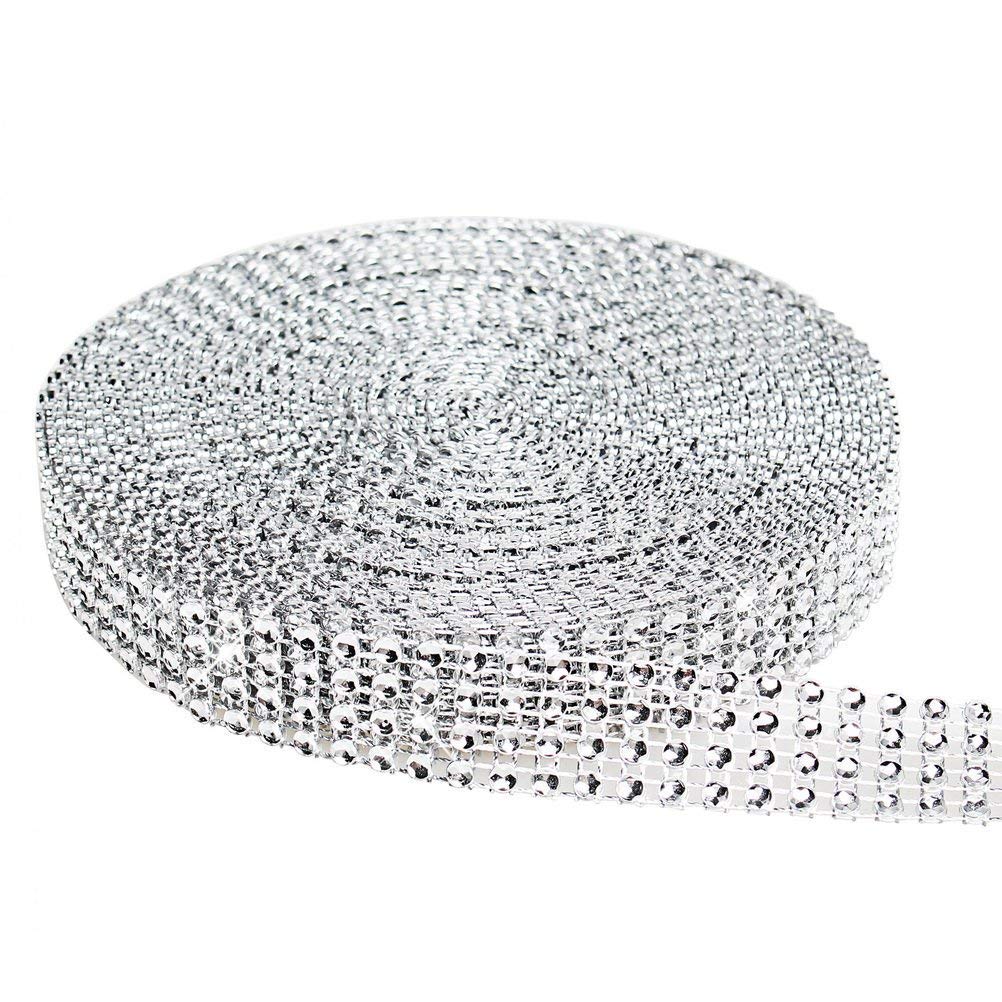 4 Row 10 Yard Acrylic Rhinestone Dismond Ribbon Roll, Sparkling Diamond Mesh Wrap Roll for Wedding Cakes, Birthday Decorations, Shower, Party Supplies, Arts and Crafts (Silve)