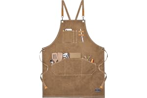 SHAWNTOO Chef Aprons for Men Women with Large Pockets, Cotton Canvas Cross Back Heavy Duty Adjustable Work Apron,Kitchen Cooking M-XXL(Brown)