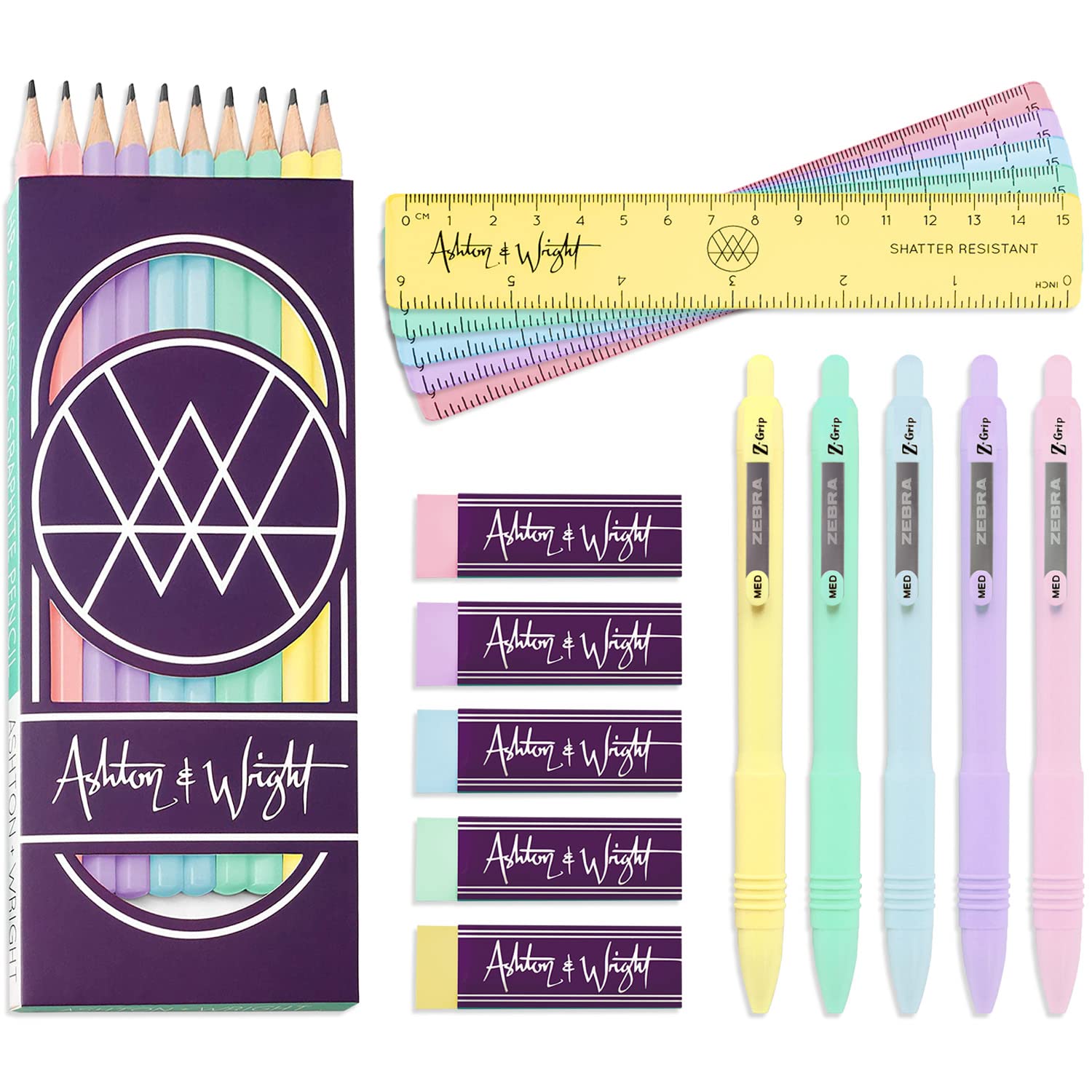 Ashton and Wright - Classic HB Pencils, 15cm Rulers, Erasers, Z-Grip Smooth - Pastel Stationery Set of 25