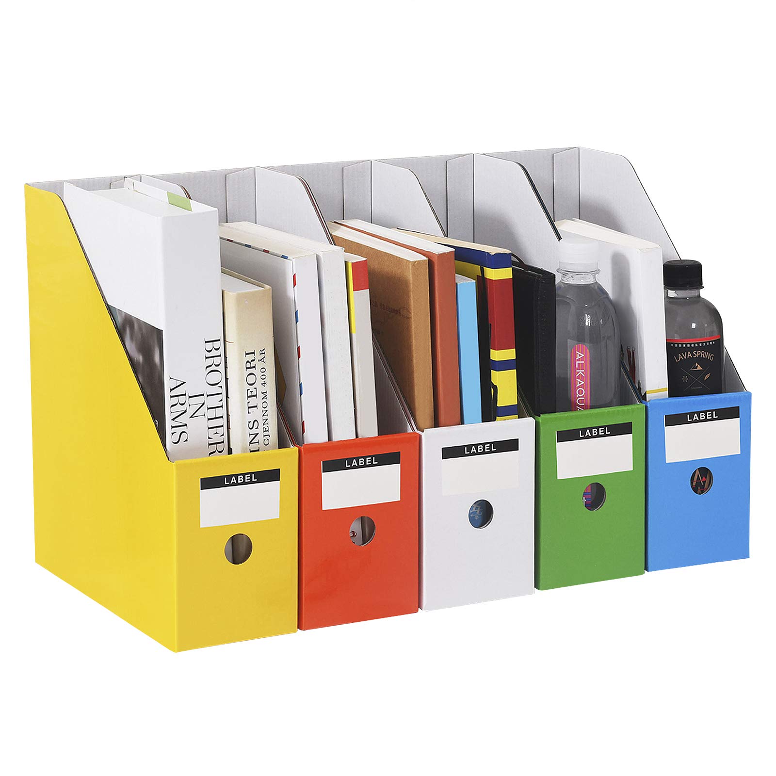 5 Pcs Magazine File Holder with Labels A4 Document Organizer Hard Cardboard Bulk Papers Stationery Storage Box Art Projects Books Divider Rack Desktop Files Filling Shelf for Home/Office/School Dorm