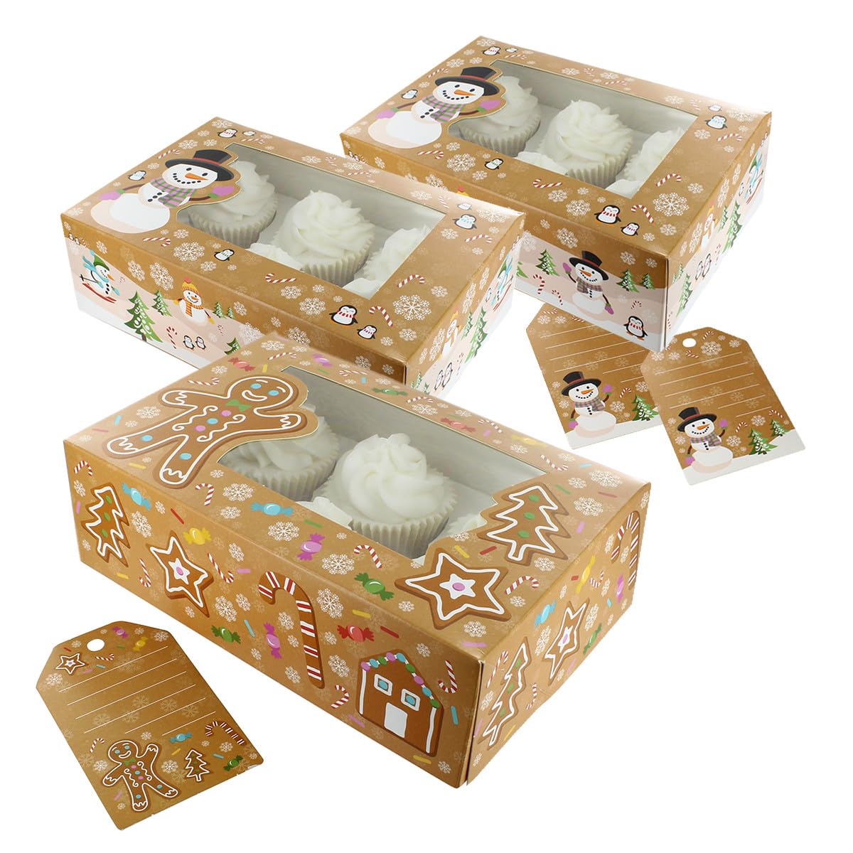Baked with Love With Love Christmas Cupcake Boxes & Gift Tag Set, 3 Pack, 6/12 Festive To Carry Tasty Treats, Includes Dual Insert For 6 Standard Cupcakes or 12 Mini