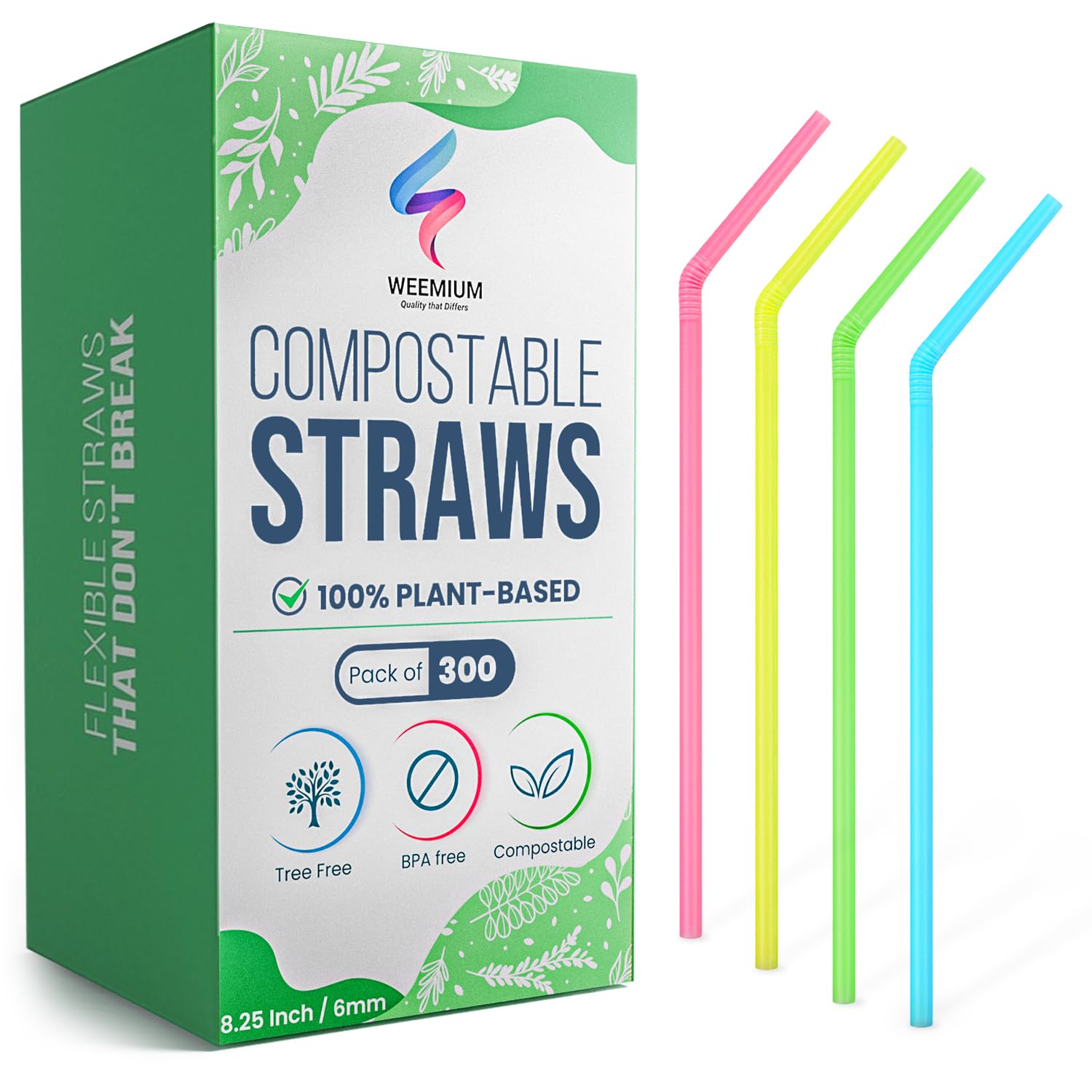 Weemium Compostable Straws - 300 Pack | 100% Plant-Based, Plastic-Free & Biodegradable Straws for Parties