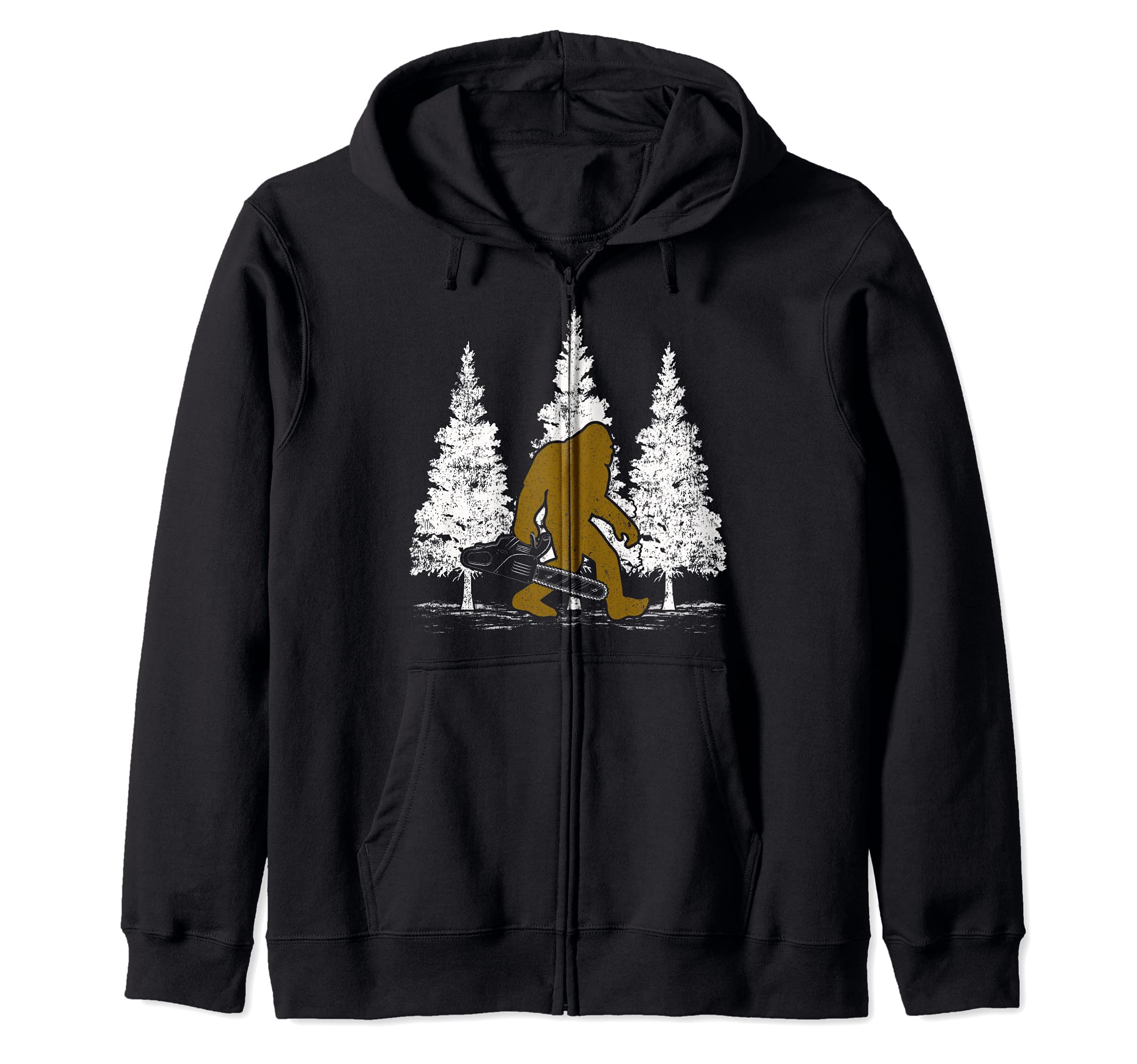 Bigfoot Carrying Chainsaw Lumberjack Sasquatch Zip Hoodie