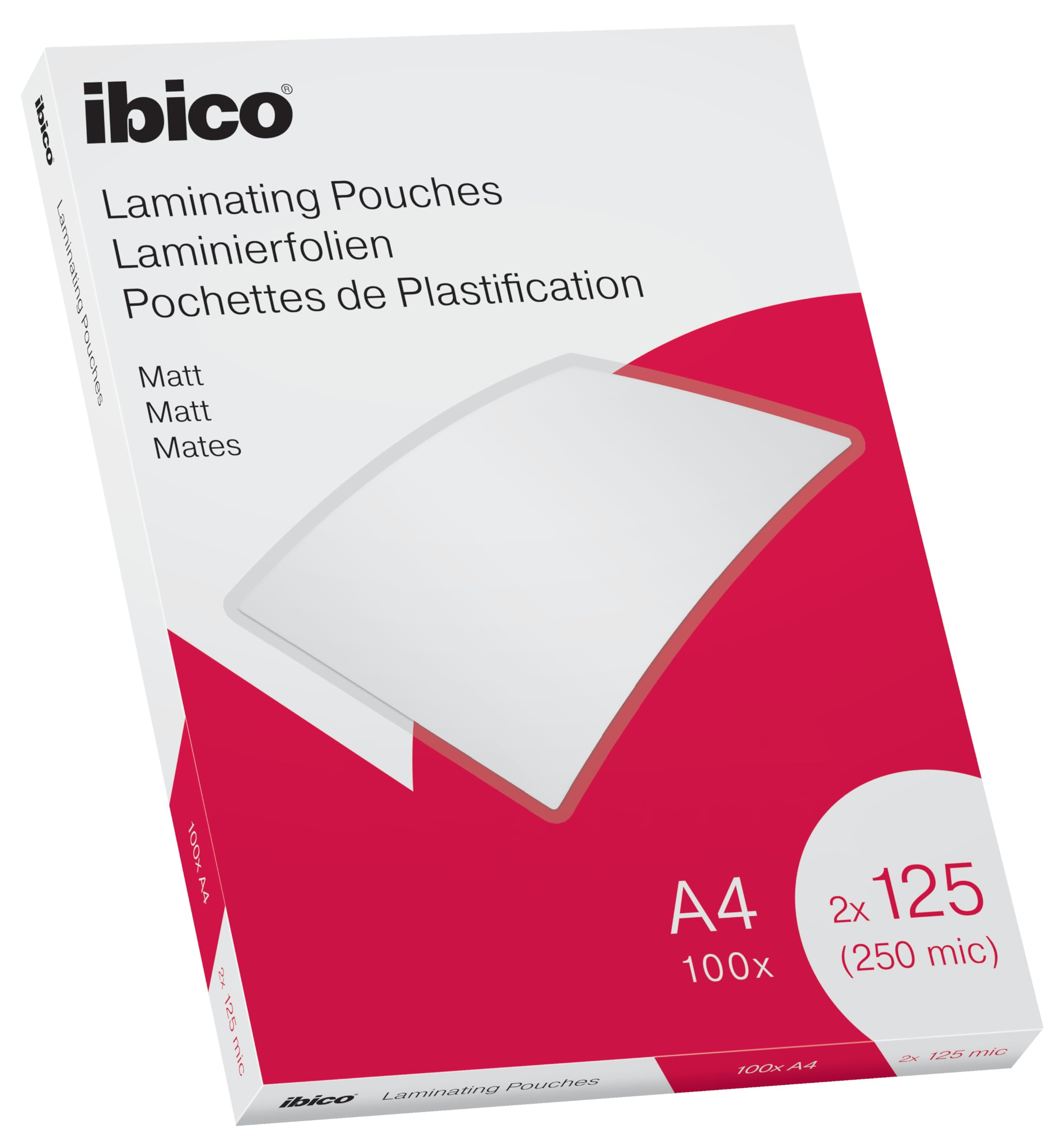 Ibico A4 Laminating Pouches, 250 Micron (2x125), High Document Protection & Durability, Pack of 100, Matt Finish, Clear, 627323