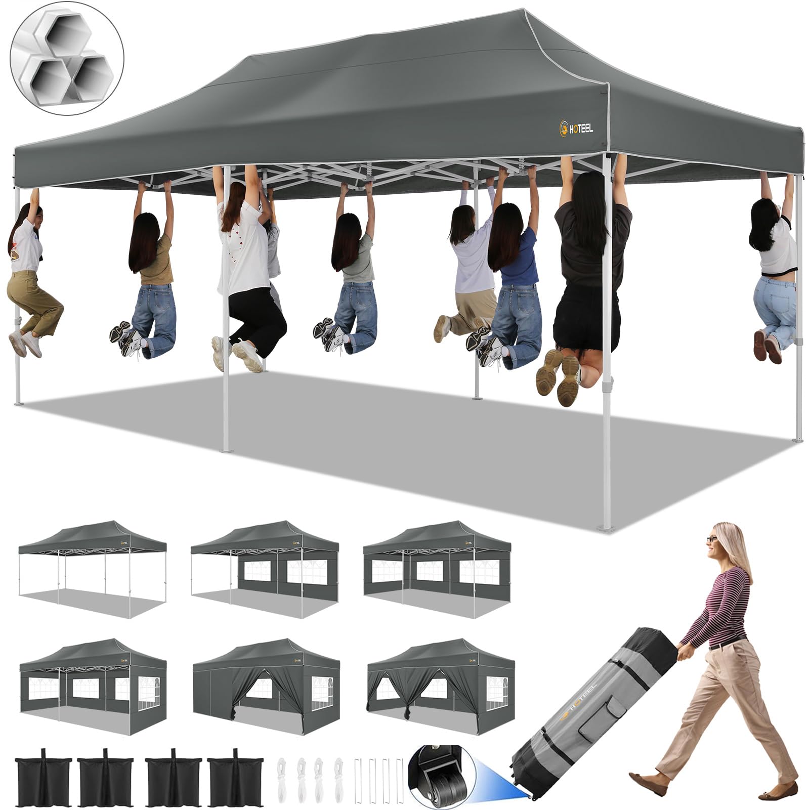 Photo 1 of HOTEEL 10x20 Pop up Canopy Tent for Parties, Heavy Duty Easy Setup Tent with 6 Sidewalls, Outdoor Commercial Instant Gazebo for Wedding Event, with Roller Bag & Sand Bags, Grey(Hexagonal Frame)