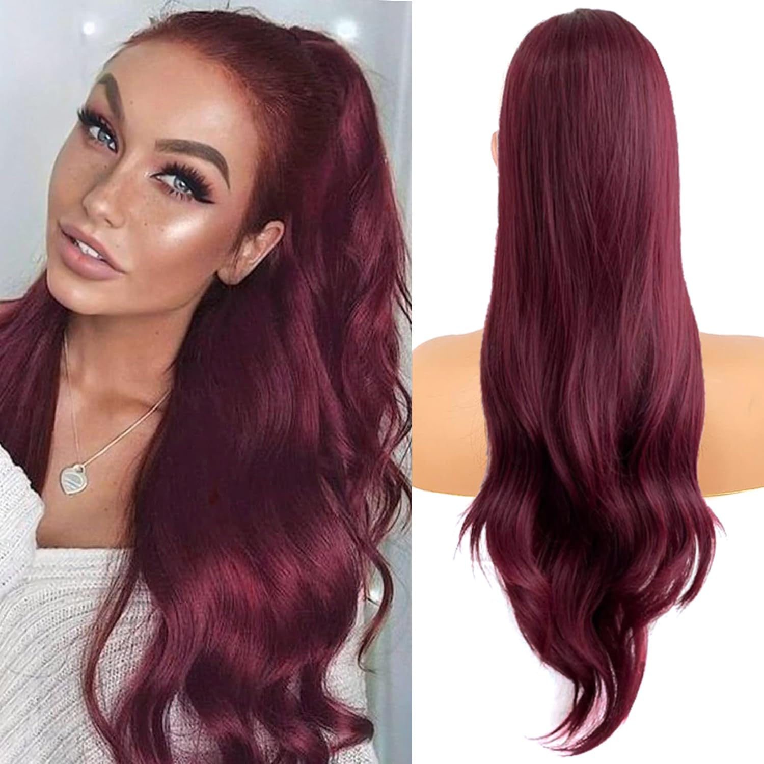 PORSMEER Ponytail Extension Wine Red Drawstring Pony tail Hair Extensions 26 Inch Long Natural Straight Wavy End Synthetic Hairpiece for Women Girls Daily Use — image 1