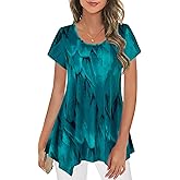 Nandashe Women Short Sleeves Tunic Shirts Casual Scoop Neck Floral Irregular Hem Blouses Tops