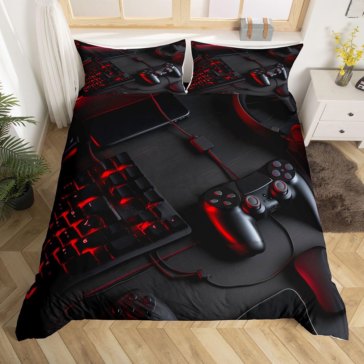 Gamepad Bedding Set King Size Game Console Modern Sci-Fi Style Duvet Cover for Teen Boys&Girls Player Video Game Controller Quilt Set w Zipper Ties, 1 Duvet Cover w 2 Pillowcases — image 1